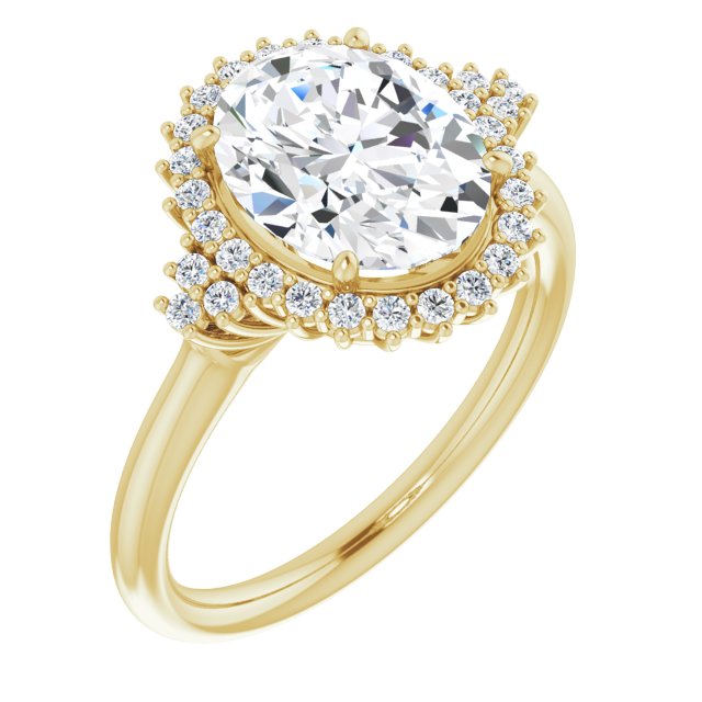 10K Yellow Gold Customizable Oval Cut Cathedral-Halo Design with Tri-Cluster Round Accents