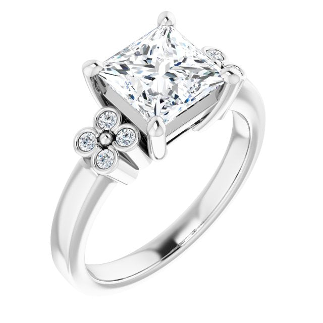 10K White Gold Customizable 9-stone Design with Princess/Square Cut Center and Complementary Quad Bezel-Accent Sets