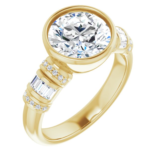 14K Yellow Gold Customizable Bezel-set Round Cut Setting with Wide Sleeve-Accented Band