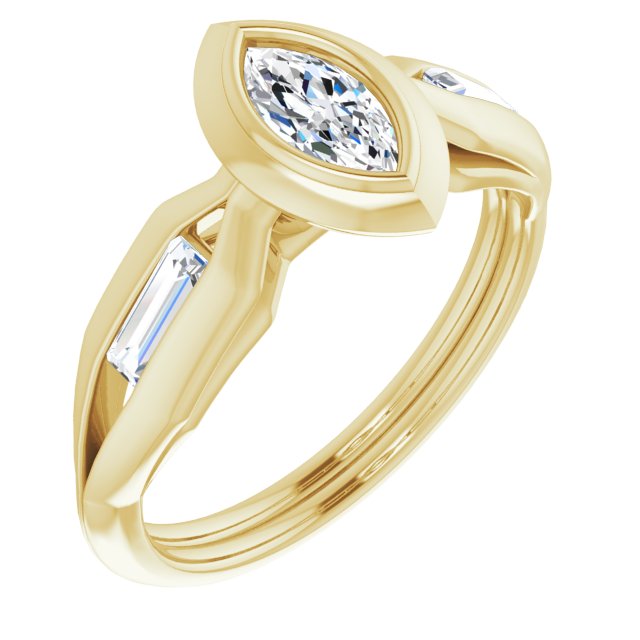 10K Yellow Gold Customizable Bezel-set Marquise Cut Design with Wide Split Band & Tension-Channel Baguette Accents
