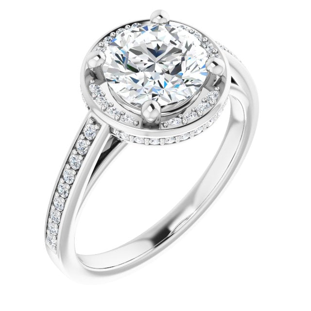 10K White Gold Customizable Cathedral-Halo Round Cut Design with Under-halo & Shared Prong Band