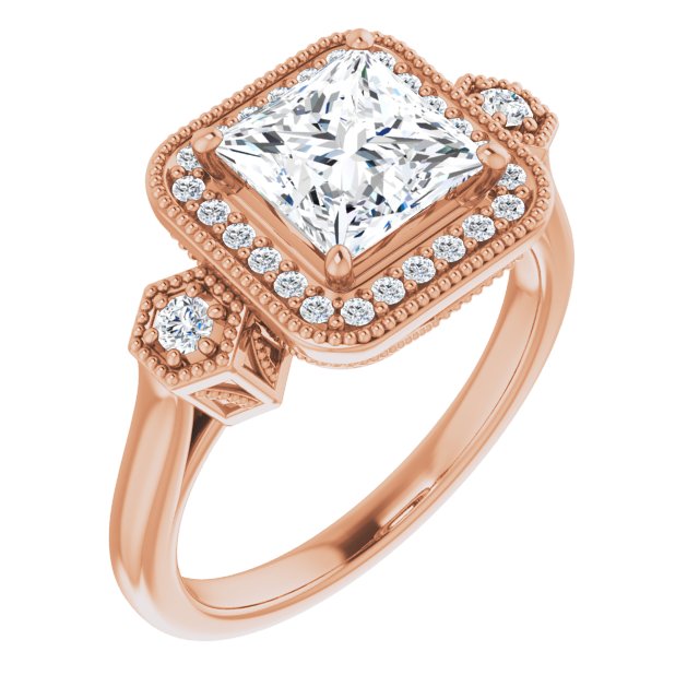10K Rose Gold Customizable Cathedral Princess/Square Cut Design with Halo and Delicate Milgrain