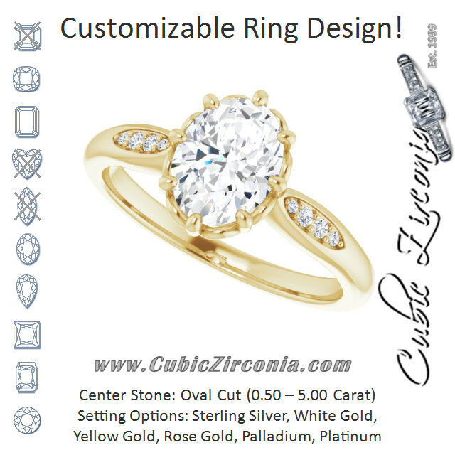 Cubic Zirconia Engagement Ring- The Sandhya (Customizable 9-stone Oval Cut Design with 8-prong Decorative Basket & Round Cut Side Stones)