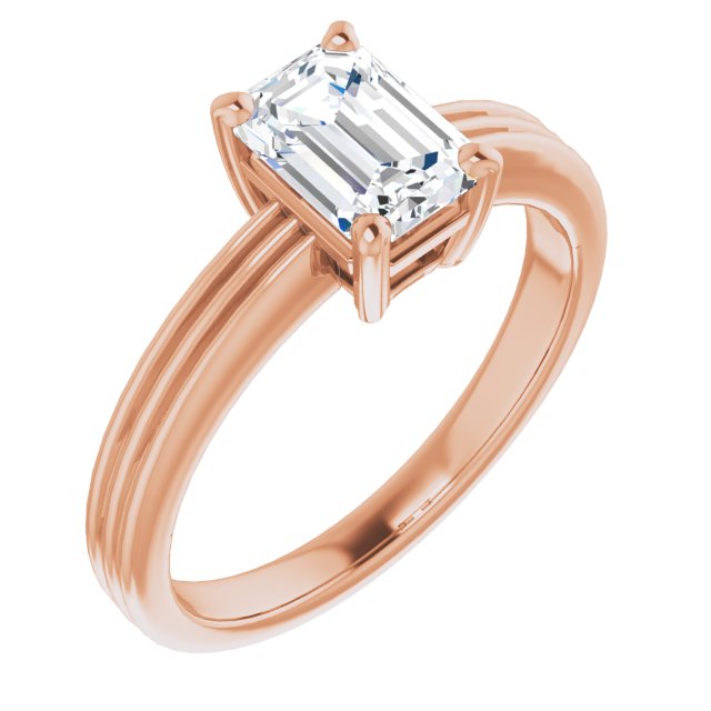 10K Rose Gold Customizable Emerald/Radiant Cut Solitaire with Double-Grooved Band