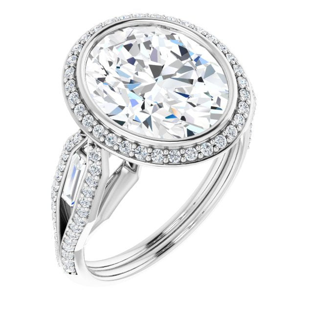 10K White Gold Customizable Cathedral-Bezel Oval Cut Design with Halo, Split-Pavé Band & Channel Baguettes