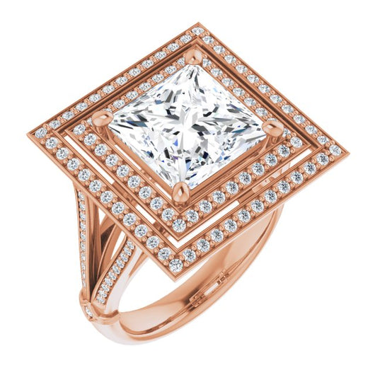 10K Rose Gold Customizable Cathedral-set Princess/Square Cut Design with Double Halo, Wide Split-Shared Prong Band and Side Knuckle Accents