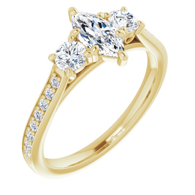 10K Yellow Gold Customizable Marquise Cut Cathedral Setting with Filigree Design and Shared Prong Band