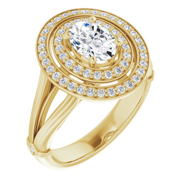 10K Yellow Gold Customizable Cathedral-set Oval Cut Design with Double Halo, Wide Split Band and Side Knuckle Accents