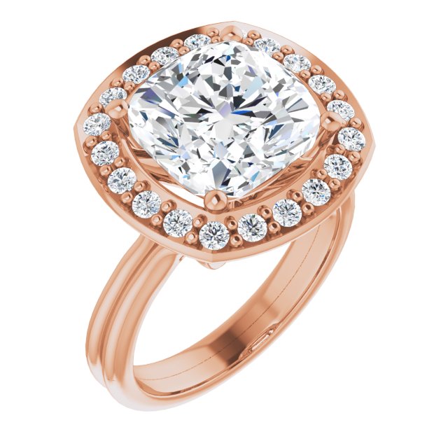 10K Rose Gold Customizable Cluster-Halo Accented Cushion Cut Style with Tapered Dual Band