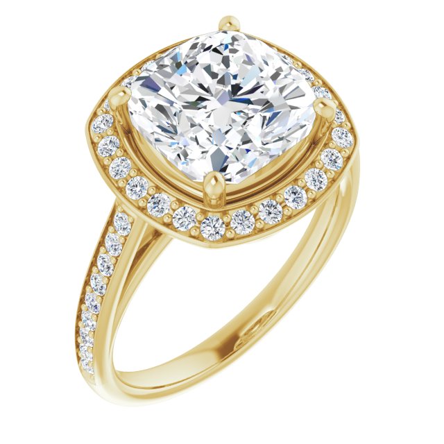 10K Yellow Gold Customizable Cathedral-raised Cushion Cut Halo-and-Accented Band Design