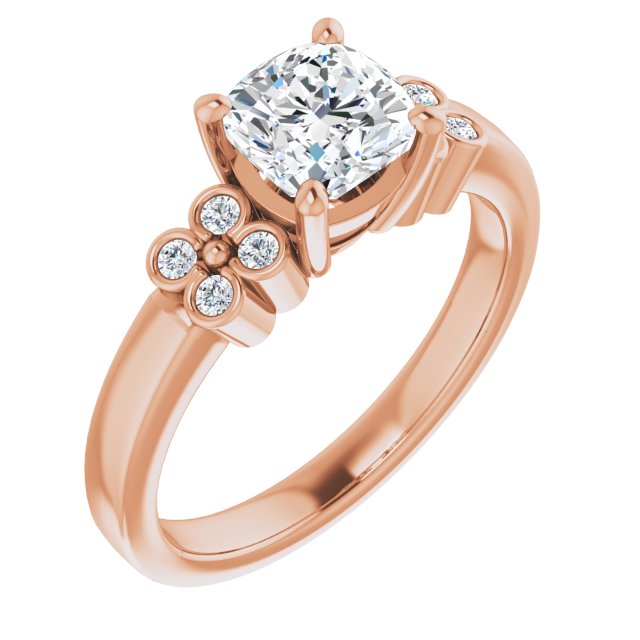 10K Rose Gold Customizable 9-stone Design with Cushion Cut Center and Complementary Quad Bezel-Accent Sets