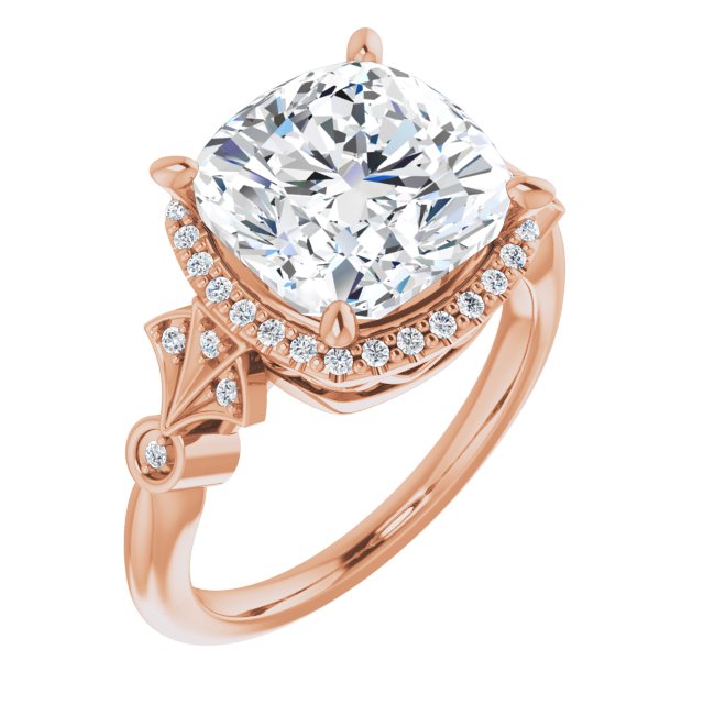 10K Rose Gold Customizable Cathedral-Crown Cushion Cut Design with Halo and Scalloped Side Stones