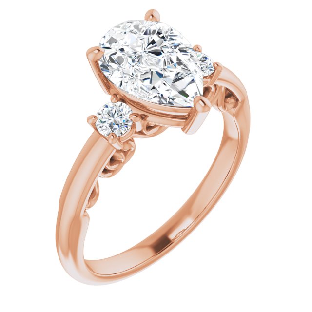 14K Rose Gold Customizable Pear Cut 3-stone Style featuring Heart-Motif Band Enhancement