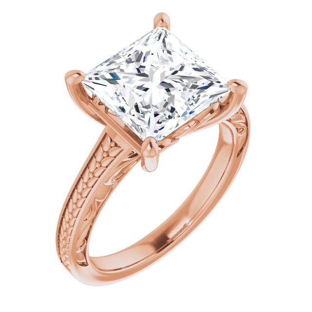 10K Rose Gold Customizable Princess/Square Cut Solitaire with Organic Textured Band and Decorative Prong Basket