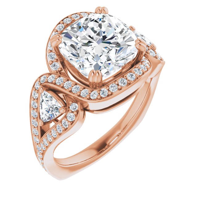 10K Rose Gold Customizable Cushion Cut Center with Twin Trillion Accents, Twisting Shared Prong Split Band, and Halo