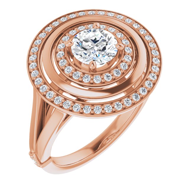 10K Rose Gold Customizable Round Cut Oversized 2x Halo Style with Knuckle Accented Split Band
