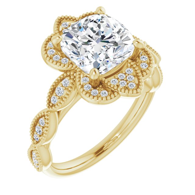 10K Yellow Gold Customizable Cathedral-style Cushion Cut Design with Floral Segmented Halo & Milgrain+Accents Band