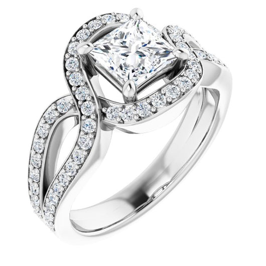 10K White Gold Customizable Princess/Square Cut Center with Infinity-inspired Split Shared Prong Band and Bypass Halo