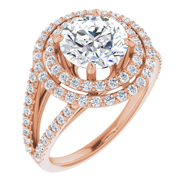 14K Rose Gold Customizable Round Cut Design with Double Halo and Wide Split-Pavé Band