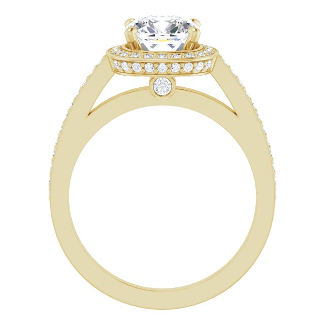 Cubic Zirconia Engagement Ring- The Roseanne (Customizable Cathedral-set Cushion Cut Design with Halo, Thin Shared Prong Band & Round-Bezel Peekaboos)