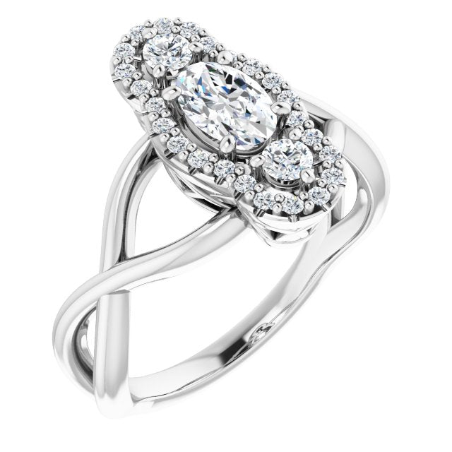 10K White Gold Customizable Vertical 3-stone Oval Cut Design Enhanced with Multi-Halo Accents and Twisted Band