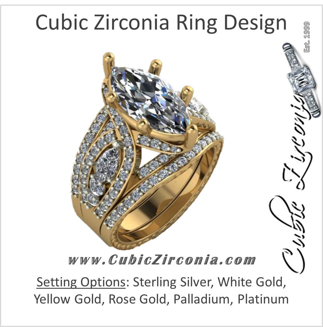 CZ Wedding Set, Style 11-06 feat The Donella Vintage Engagement Ring (6.68 TCW Marquise Cut) 3 ring set