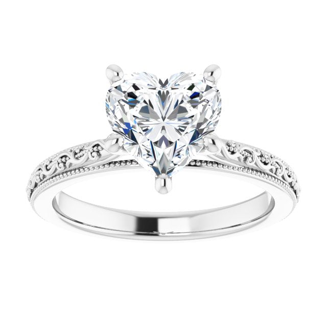Cubic Zirconia Engagement Ring- The Conchita (Customizable Heart Cut Solitaire with Delicate Milgrain Filigree Band)