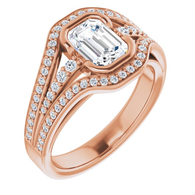 10K Rose Gold Customizable Cathedral-Bezel Emerald/Radiant Cut Design with Wide Triple-Split-Pavé Band