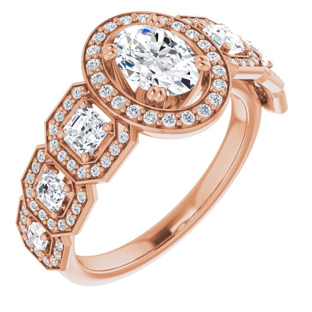 10K Rose Gold Customizable Cathedral-Halo Oval Cut Design with Six Halo-surrounded Asscher Cut Accents and Ultra-wide Band