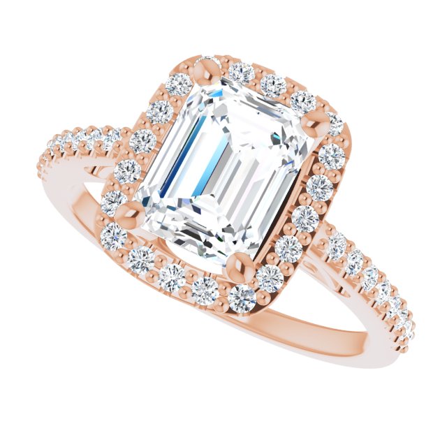 Cubic Zirconia Engagement Ring- The Zaya (Customizable Cathedral-Crown Emerald Cut Design with Halo and Accented Band)