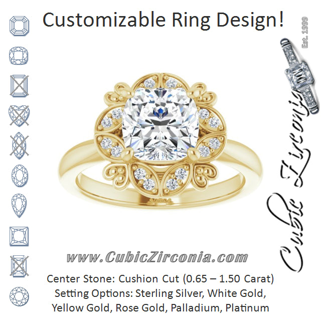 Cubic Zirconia Engagement Ring- The Hé Zhang (Customizable Cushion Cut Design with Floral Segmented Halo & Sculptural Basket)