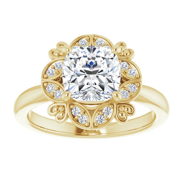 Cubic Zirconia Engagement Ring- The Hé Zhang (Customizable Cushion Cut Design with Floral Segmented Halo & Sculptural Basket)