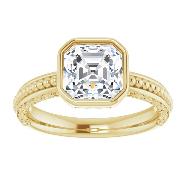 Cubic Zirconia Engagement Ring- The Cheyenne (Customizable Bezel-set Asscher Cut Solitaire with Beaded and Carved Three-sided Band)