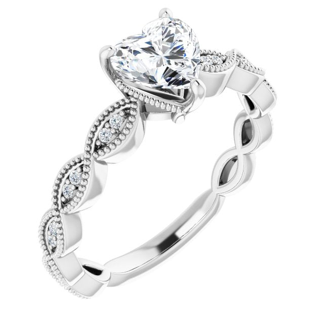 10K White Gold Customizable Heart Cut Artisan Design with Scalloped, Round-Accented Band and Milgrain Detail