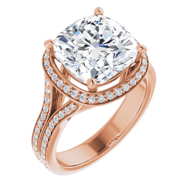 10K Rose Gold Customizable Cathedral-raised Cushion Cut Setting with Halo and Shared Prong Band