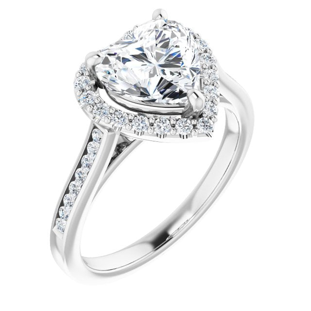 Cubic Zirconia Engagement Ring- The Star (Customizable Heart Cut Design with Halo, Round Channel Band and Floating Peekaboo Accents)