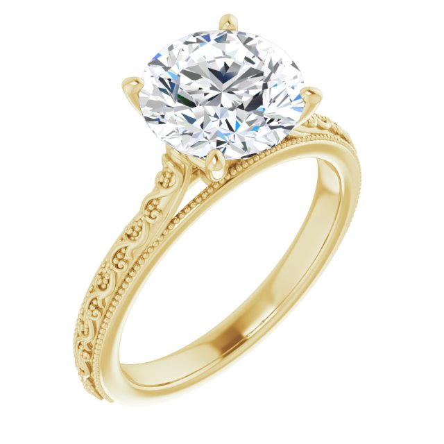 14K Yellow Gold Customizable Round Cut Solitaire with Delicate Milgrain Filigree Band
