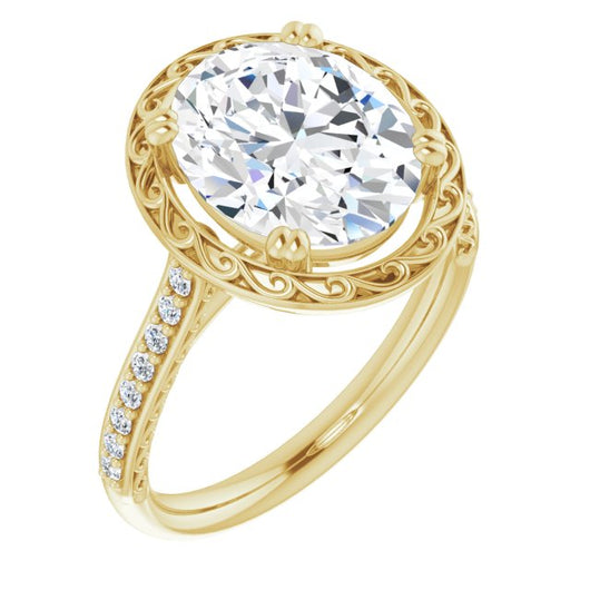 10K Yellow Gold Customizable Oval Cut Halo Design with Filigree and Accented Band