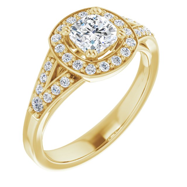 10K Yellow Gold Customizable Cathedral-set Cushion Cut Style with Accented Split Band and Halo