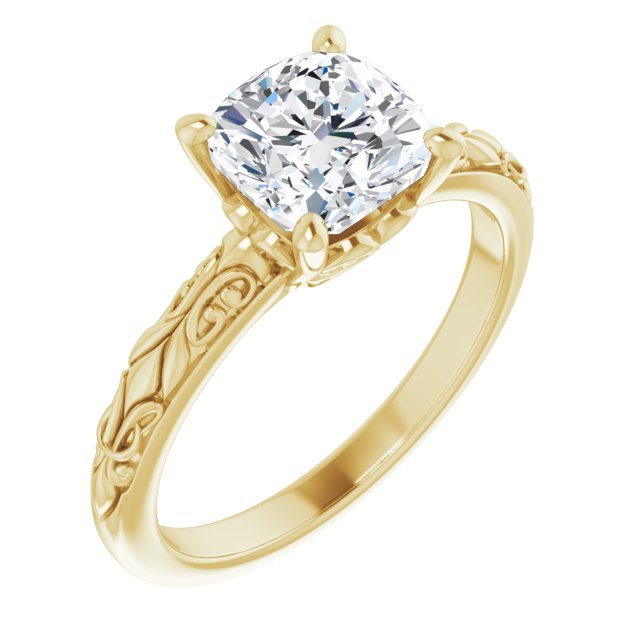 Cubic Zirconia Engagement Ring- The An Chen (Customizable Cushion Cut Solitaire featuring Delicate Metal Scrollwork)