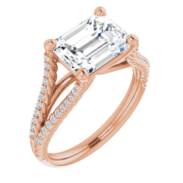 10K Rose Gold Customizable Emerald/Radiant Cut Style with Split Band and Rope-Pavé