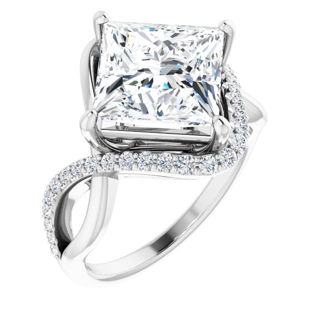 10K White Gold Customizable Princess/Square Cut Design with Semi-Accented Twisting Infinity Bypass Split Band and Half-Halo