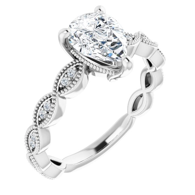 10K White Gold Customizable Pear Cut Artisan Design with Scalloped, Round-Accented Band and Milgrain Detail