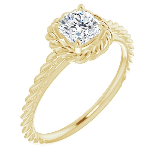 10K Yellow Gold Customizable Cathedral-set Cushion Cut Solitaire with Thin Rope-Twist Band