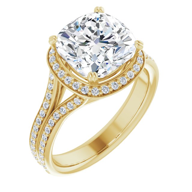 10K Yellow Gold Customizable Cathedral-set Cushion Cut Style with Split-Pav? Band