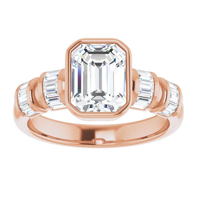 Cubic Zirconia Engagement Ring- The Astrid (Customizable Bezel-set Emerald Cut Design with Quad Horizontal Band Sleeves of Baguette Accents)