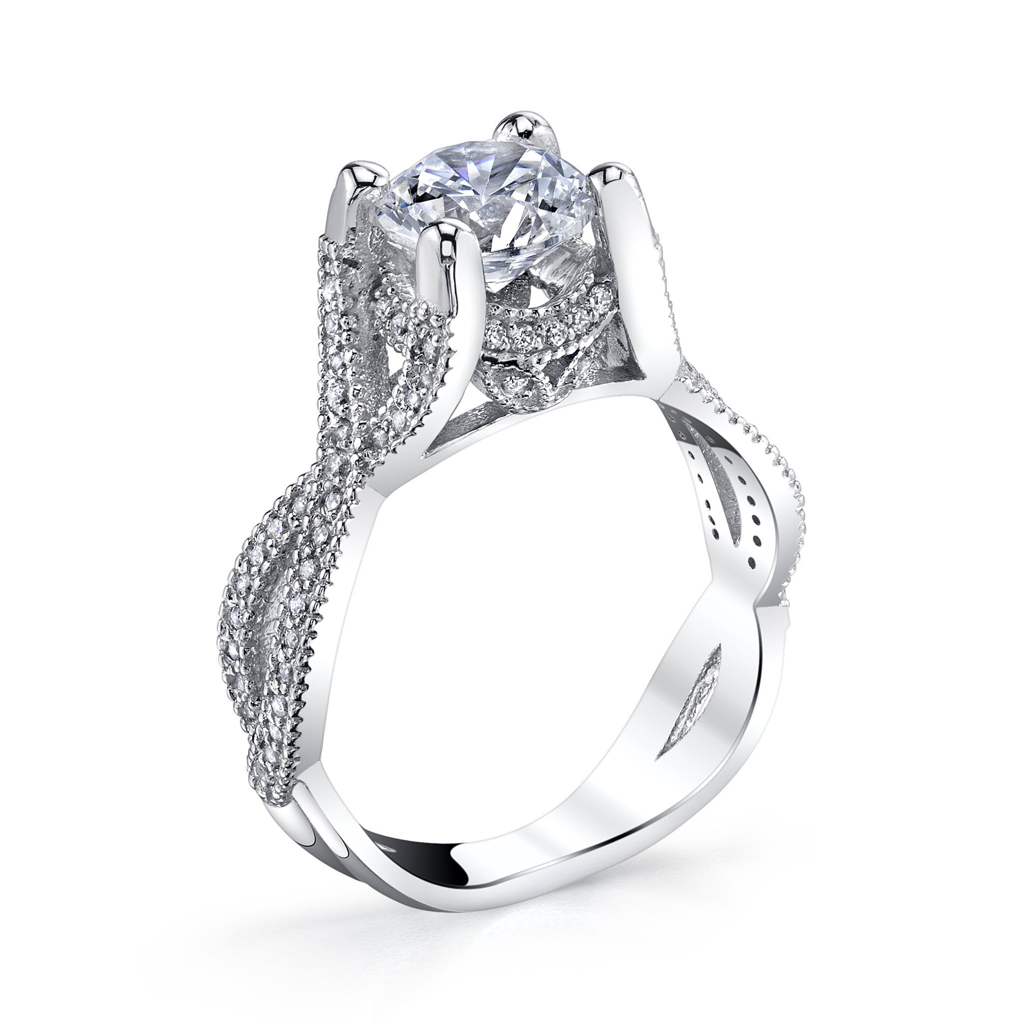Cubic Zirconia Engagement Ring- The Jenna Riley (1.50 Carat Round Cut with Twisted Pavé Split Band, Under-halo, and Prong Accents)