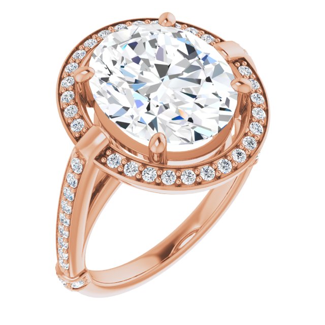 10K Rose Gold Customizable High-Cathedral Oval Cut Design with Halo and Shared Prong Band