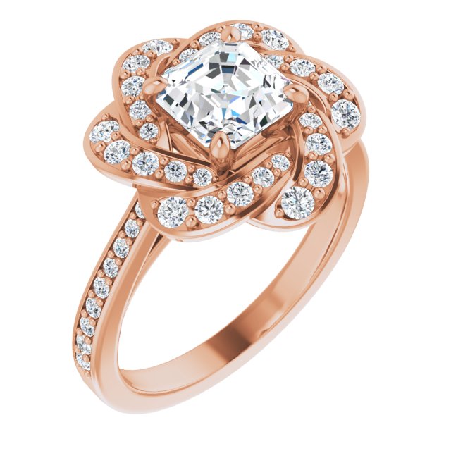 10K Rose Gold Customizable Cathedral-raised Asscher Cut Design with Floral/Knot Halo and Thin Accented Band