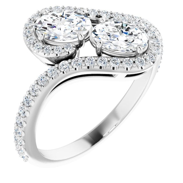10K White Gold Customizable Double Oval Cut 2-Stone Style Enhanced with Accented Artisan Bypass Band